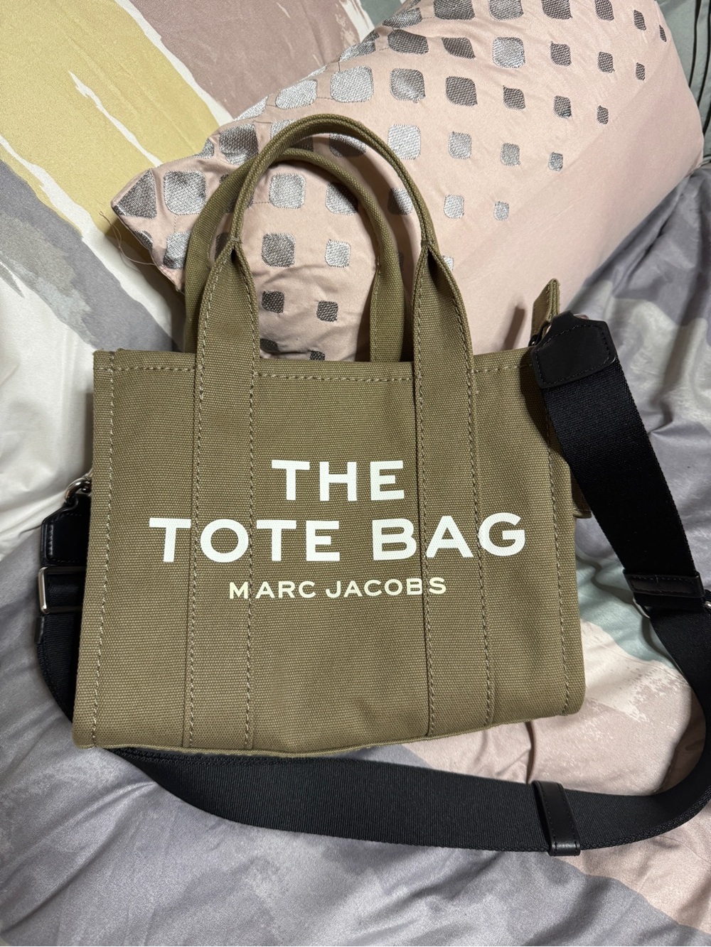 Marc Jacobs Slate Green The Tote Bag in Olive Canvas with Black Strap